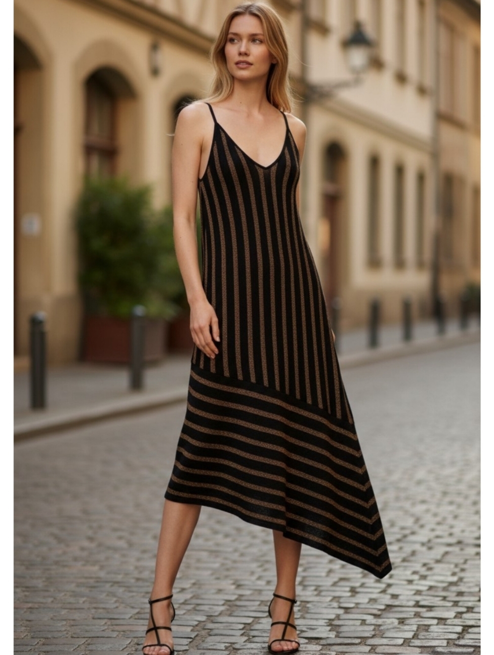 New Zara medium metallic knit strappy midi dress black asymmetric stretch luxury